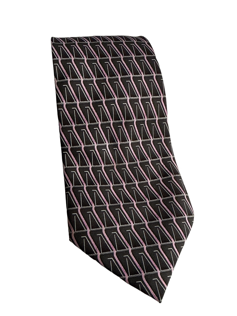 CARLOS DEVENEZIA Silk Tie Art Deco Preppy Black Pink Design Necktie 4” W 58” L